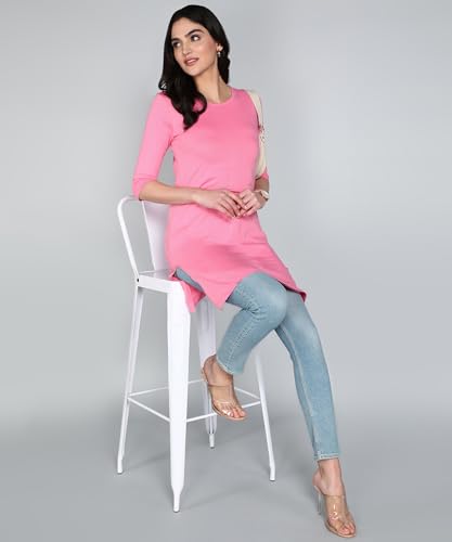 Image of FLEXIMAA Women's Cotton Plain Round Neck 3 /4 Sleeve Long Top