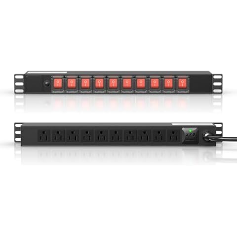 10 Outlet Rack Mount Power Strips with Individual Switch,1U Rack Mount PDU Power Strip for Network Server Racks - Surge Protection - 110V/15A - w/ 6ft Power Cord Cover
