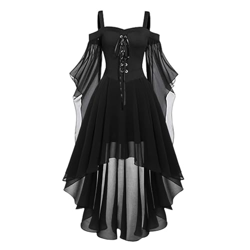 Disfraces de Halloween para mujeres adultas, vestido gótico con correa de hombro descubierto, vestido gótico acampanado de malla, retazos, disfraz medieval para mujer, vintage, steampunk, con cordones