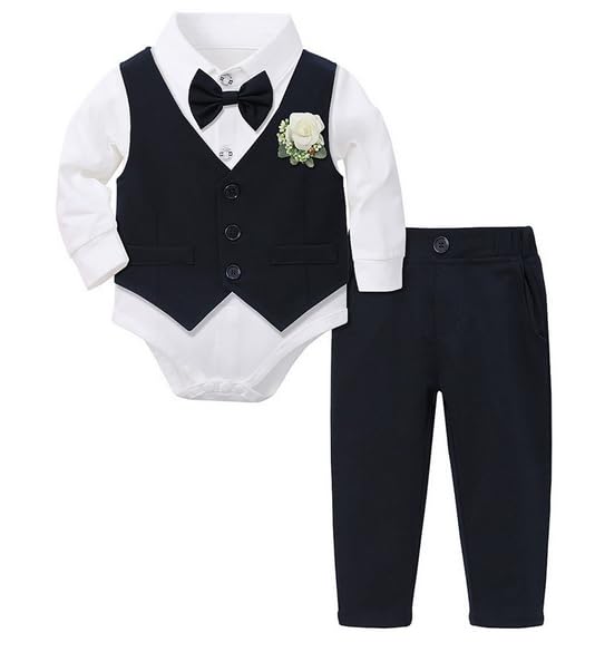 Yoolhamy Baby Anzug Junge Kleinkind Gentleman Taufkleid Outfit Kleidung Sets 0-18M Taufanzug Neugeborenes Hochzeit Geburtstag Bodysuit + Hose + Weste + Fliege + Korsage