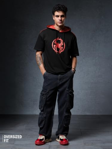 Image of The Souled Store Official Spider-Man: Saving The Spider-Verse Mens Regular Fit Half Sleeve Graphic Printed Cotton Black Color Hooded T-Shirt Men's T-Shirts Graphic Tees Casual Fashion