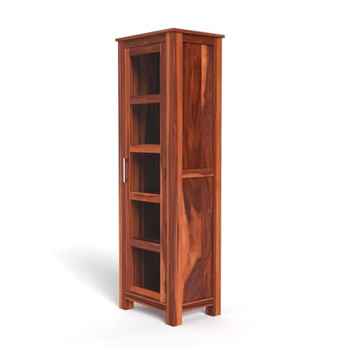 Image of SUNCOM Solid Sheesham Wood Book Shelf - Showcase Glass Door Crockery Storage Unit Or Bookcase, 5-Shelf Wooden Book Rack, Display Cabinet Furniture for Home, Kitchen & Library Areas (Natural Finish)