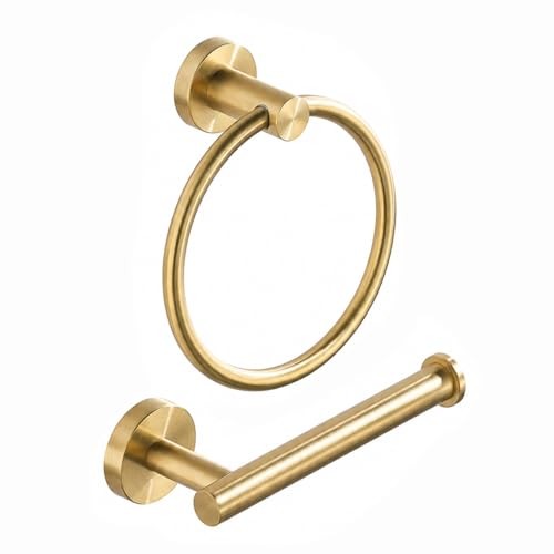 FAIRGIA Toilet Paper Holder Towel Ring Brushed Gold Bathroom Hardware Hand Towel Holder Bathroom Accessories Set Wall Mount Stainless Steel 2 Pieces
