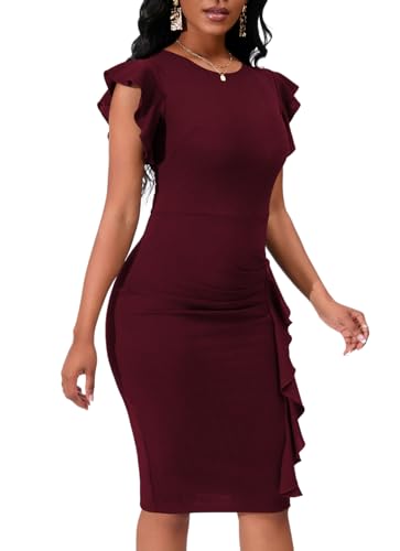 Image of PerZeal Women's 2026 Flutter Sleeve Bodycon Midi Dress Sexy Crew Neck Knit Ruffle Wear to Work Cocktail Party Pencil Dresses