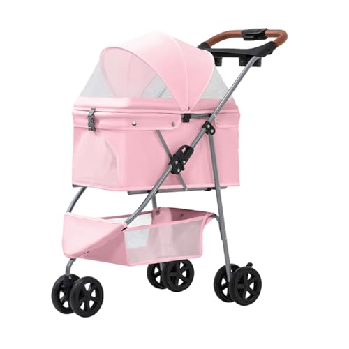 SilverRover Pet Stroller for Small/Medium Dogs and Cats Foldable 3 Wheel Jogger One-Click Fold Breathable Mesh Storage Basket Cup Holder Weather Cover (Pink)