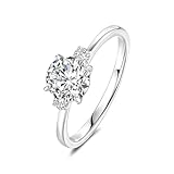 Dsnyu Anillo de oro 375, anillo de compromiso para mujer con diamantes redondos de 1 ct, fabricados en laboratorio, oro blanco de 9 quilates, plata, 52 (16.6), Oro blanco 375 de 9 quilates, Diamante
