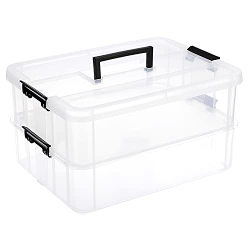 JUXYES 2-Tiers Stack Carry Storage Box With Handle, Transparent Stackable Storage Bin With Handle Lid Latching Storage Container for School & Office Supplies