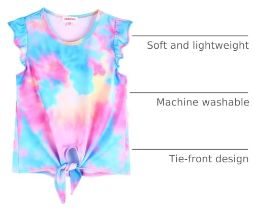 Image of JESKIDS Girls Short Sleeve Shirts Ruffle Tie Front Unicorn /Tie Dye Print Summer Tee Tank Tops 3-11 Years