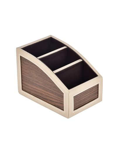 Image of Premsons Classic Remote Holder - 3 Section Tabletop Organizer in Light Brown | Faux Leather with Refined Wooden Finish | Decorative & Practical Organizer - Beige