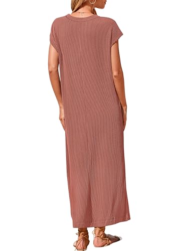 Image of KIRUNDO Womens Summer Ribbed Knit Short Sleeve Maxi Dress | 2026 Spring Henley Button Up Knitted Tshirt Dress, Loose Beach Vacation Sundress, Teacher Dress, Loose Fit Nursing Friendly