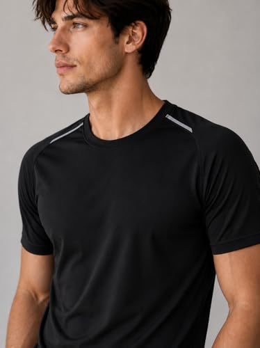 Image of Men's Black Performance T-Shirt, Quick Dry, Breathable, 2-Way Stretch, Reflective Detailing, for Running & Gym