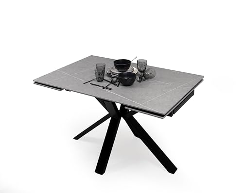 Homely® | Mesa de Comedor Extensible Marble con Tapa Porcelánica 120-180x80 cm | Acabado Efecto Mármol Pietra Gris | Patas Metálicas Negras | Mesa Cocina, Comedor Moderna