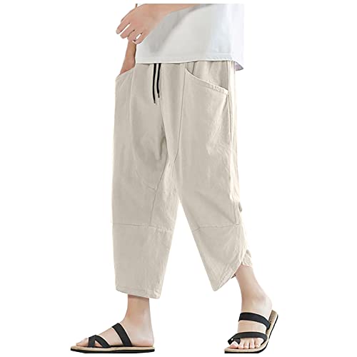 Capri Cargo Pants for Men Drawstring Linen Pants Elastic Waist Casual Loose Summer Beach Pants