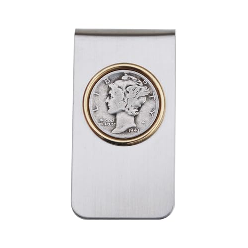 US 1943 Mercury Dime 90% Silver Average Circulated 10 Cent Coin Two Toned Stainless Steel Money Clip New
