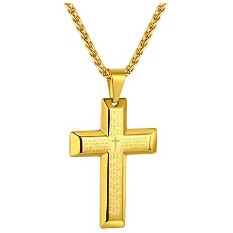 FindChic Lords Prayer Cross Necklace Men 18k Gold Plated Stainless Steel 22inch Cross and Chain, Religious Latin Cross Christian Jewellery Gift for Men, Bible Verse Cross Necklace Cover