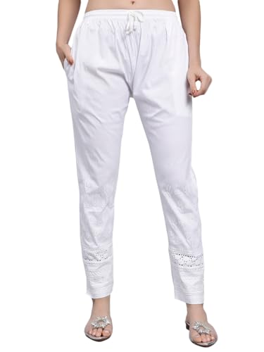 Image of Seva Chikan Hand Embroidered Lucknowi Chikankari White Lycra Trouser Palazzo Pant for Women SCL11029