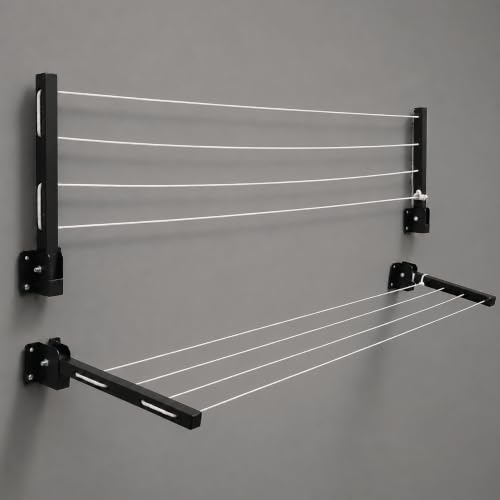 Image of Robustt Wall Mounted Clothes Drying Stand | 55 Ft Drying Space | Heavy-Duty Foldable Powder Coated Metal Arms Cloth Dryer Rack | Space Saving Laundry Hanger for Balcony, Bathroom, Terrace | Black