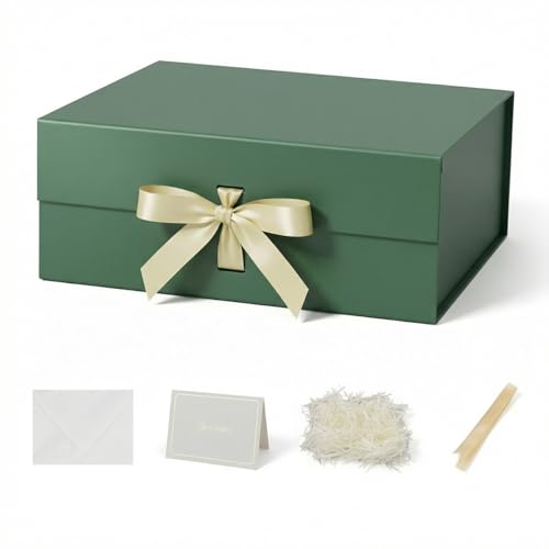 Grün Magnetische Geschenkbox mit Deckel groß 32x28x13.5cm mit Geschenkbeutel Schleife Raffia & Grußkarte
