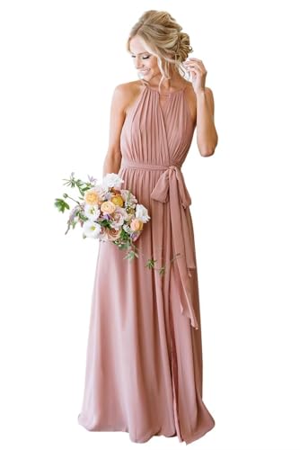 Halter Dusty Rose Bridesmaid Dresses Long for Wedding with Pockets Pleated Chiffon Formal Dresses Evening Gown Size 2