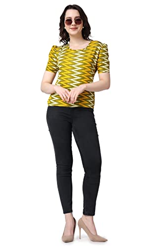 Image of POPWINGS Casual Printed Puff Sleeves Round Neck Top for Women || Stylish Summer Tops for Women || Hip-Length Women Top