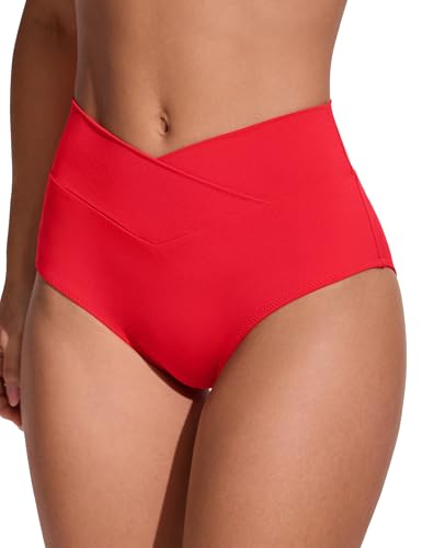 Image of CRZ YOGA V-Shaped High Waited Bikini Bottoms | Mid Cut Leg, Medium Bum Coverage, Cross Front, Swim, Bathing Suit Briefs for Women