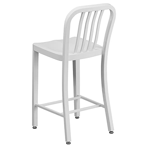 Flash Furniture Commercial Grade 2 Pack 24" High White Metal Indoor-Outdoor Counter Height Stool With Vertical Slat Back #TOP5