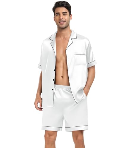 SWOMOG Couple Silk Satin Pajama Set Women & Men Short Sleeve 2pc Pjs Button Down Sleepwear Loungewear3