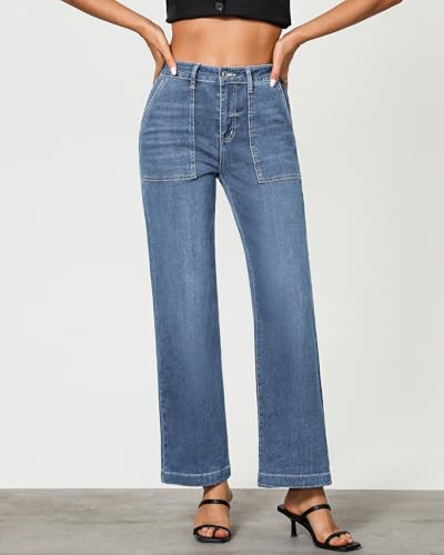 GRAPENT Jeans for Women High Waisted Straight Leg Jeans Stretchy Trendy Wide Leg Denim Pants Jean Trousers Patch Pockets2