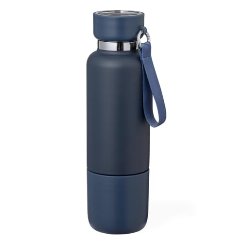 Bidón térmico de acero inoxidable de 500 ml incluye un vaso de 300 ml integrado en la base y dos opciones de transporte intercambiables (Azul marino)