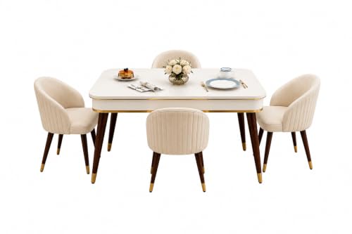 Image of WOODEN SPACE Majestic 4 Seater Wooden Dining Table Set | Urban Marble Top Dining Table with Chairs for Dining Room & Kitchen (Beige Majestic Backline) (42 x 42 x 30 inch)