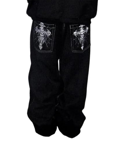 ORANDESIGNE Jeans Baggy Uomo Pantaloni Larghi per Uomo e Ragazzo Stile Skate Rap Baggy Hip Hop Nero Used Stone Wash Scuro O Nero L