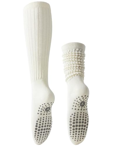 Image of Yawlsow Pilates Socks with Grips for Women Yoga Ruffle Grippy Non Slip Long Slouchy Scrunch Socks for Barre Workout Hospital
