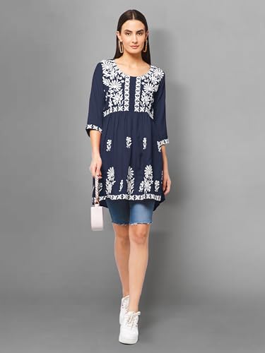 Image of Winza Designer Rayon Chikankari Embroidered Short Kurti | Plus Size Kurta Tunic Top