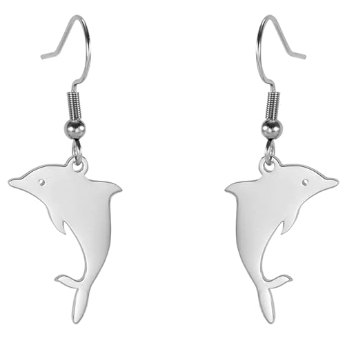 TEAMER Collier de dauphin Bague de dauphin en acier inoxydable pendentif dauphin sautant pendentif d'amour dauphin bijoux d'été Boho pour les femmes et les hommes (Boucles d'oreilles dauphin - Argent)