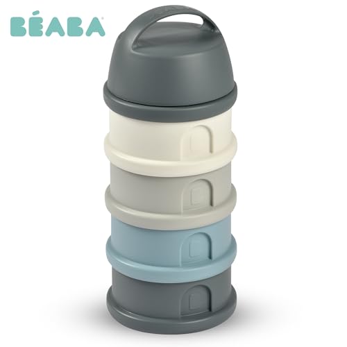 Image of Beaba Stacked Formula Container - Airtight Multifunctional Storage Container for Storing Milk Powder and Baby Food, 4 Interchangeable Compartments, Microwave Safe, Travel Friendly, Blue & Mineral Grey