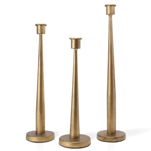 Brass Taper Candle Holder Set of 3, Iron Candlestick Holders for Dining Table Centerpiece Decor, Vintage Candle Stick Holders, Decorative Tall Candle Stands for Wedding Decoration, Antique Brass