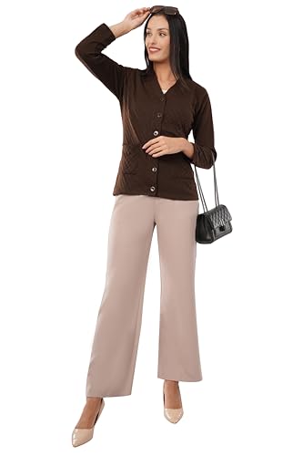Image of Women Woolen Full Sleeve self Knit v-Neck Sweater Cardigan for Winter wear with Front Pockets Plus