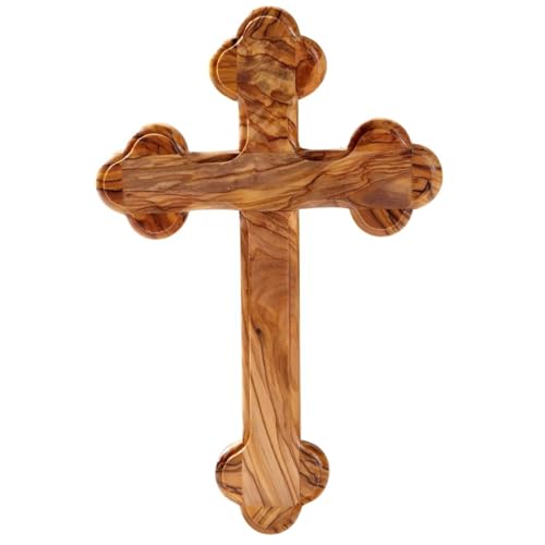 KASSIS Cruz colgante de madera de olivo, bordes redondeados 22,50 cm - Crucifijo de Belén hecha a mano - Regalo para confirmación, comunión y bautizo, Decoración religiosa, bendición para el hogar