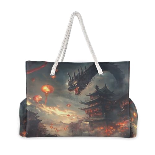 Dragon Dark Clouds Beach Bag & Travel Tote Bag Large Sandproof with Zipper Closure, Wet Pouch for Swim Gym Travel2