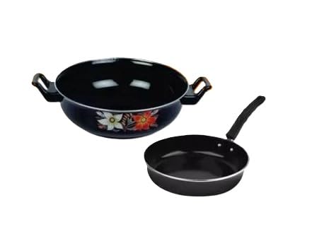 Image of Induction Cast Iron Non Stick Cookware 2 Piece Set Fry Pan Kadai Kitchen Combo Gas Stove Compatible Durable Daily Use Black Free Size