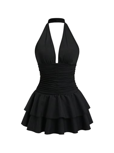 Milumia Women's Ruched V Neck Backless Halter Dress Sexy Tiered Layered Ruffle Dresses