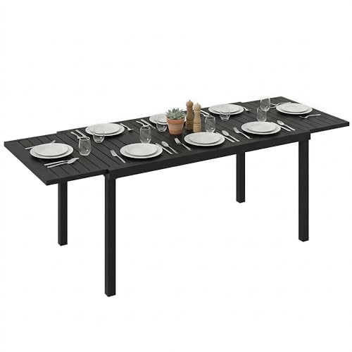 Outsunny Mesa de jardín extensible para 6 8 personas, 150/225 x 85 cm, mesa de comedor extensible rectangular de aluminio con tablero de láminas, mesa de exterior para patio, terraza, balcón, negro