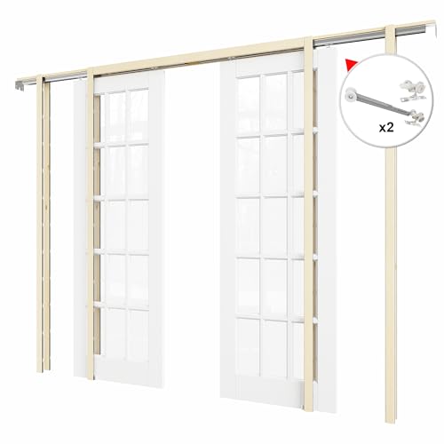 Image of 64 inch x 80 inch (Double 32 inch x 80 inch) 15-Lite Clear Glass Pocket Door, Soft-Close Sliding Pocket Door with Frame & Hardware Kit Set, Primed All-Inclusive Interior Door Slab for Home, White, Need to Assemble