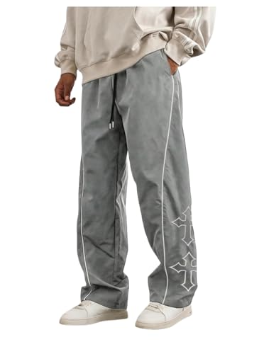 QJQ Men's Y2K Baggy Sweatpants Parachute Pants Wide Leg Vintage Track Pants Casual Streetwear Grey Cross Large