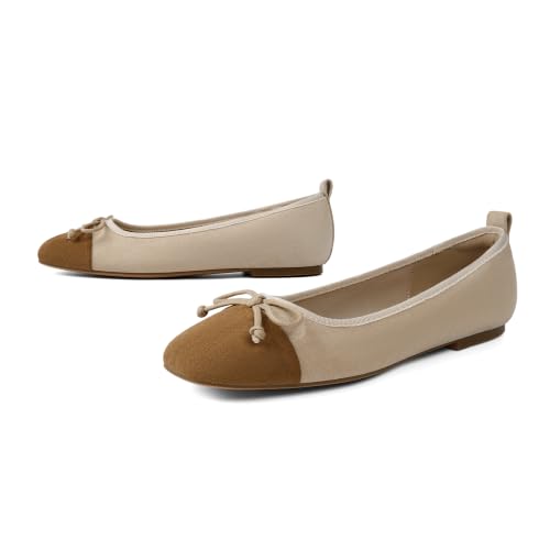 Image of Womens Flats Ballet Ballerina Flats for Women, Suede Beige Camel, 8.5