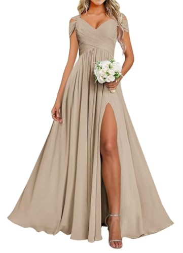 Robes de demoiselle d'honneur à bretelles spaghetti pour femmes avec fente en mousseline de soie, robes de cocktail, robes de bal, grande taille, taupe, 46
