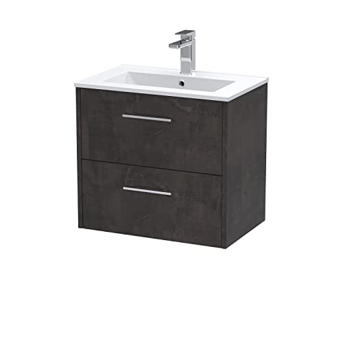 Image of Hudson Reed JNU2624B Juno Modern Bathroom Wall Hung 2 Drawer Vanity Basin Unit & Minimalist Ceramic Basin, 600mm, Matt Metallic Slate