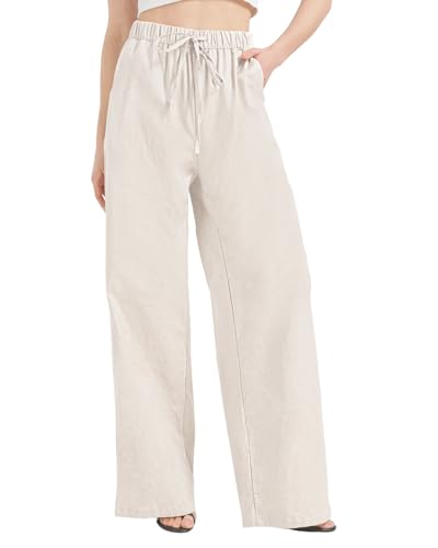 Zylioo Linen Pants Women Tall 30 Inseam, Lightweight Palazzo Pants for Tall Ladies, High Waisted Wide Leg Casual Pants Beige