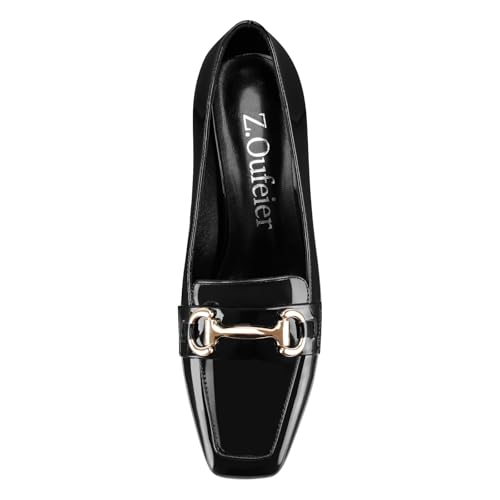 Image of Womens Mid Block Chunky Heeled Loafers Closed Square Toe Patent Leather Comfortable Slip On Pumps Metal Chain Basic Classic Casual Work Office Dress Shoes 2.8 Inches Heels