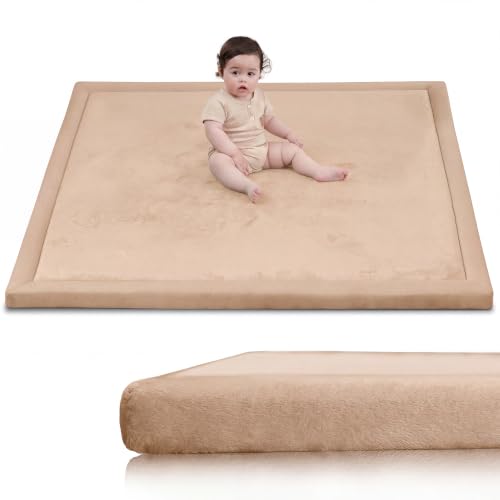 Image of Huloo Sleep Ultra Soft Baby Play Mat for Floor,1.3 inch Thick Elasti-Foam 50x50 Playpen Mat for Toddlers Infant Kids,Non-Slip Backing Safe for Crawling&Tummy Time,Tatami Style (Light Brown)